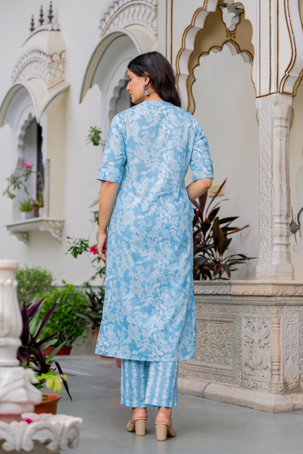 Light Blue Floral Cotton Kurta Set