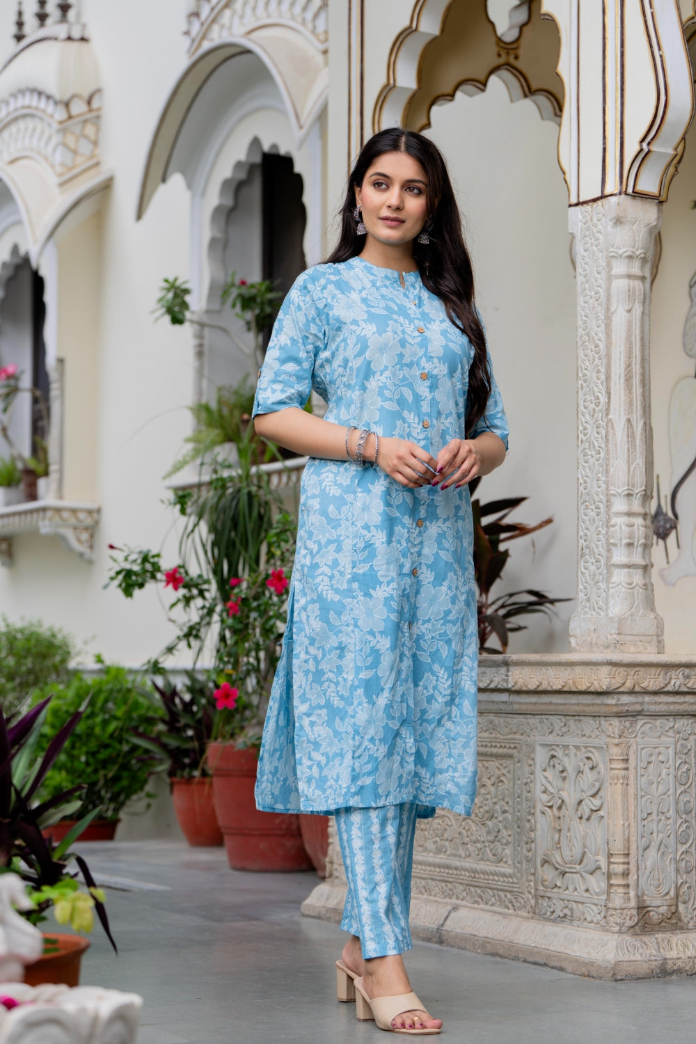Light Blue Floral Cotton Kurta Set