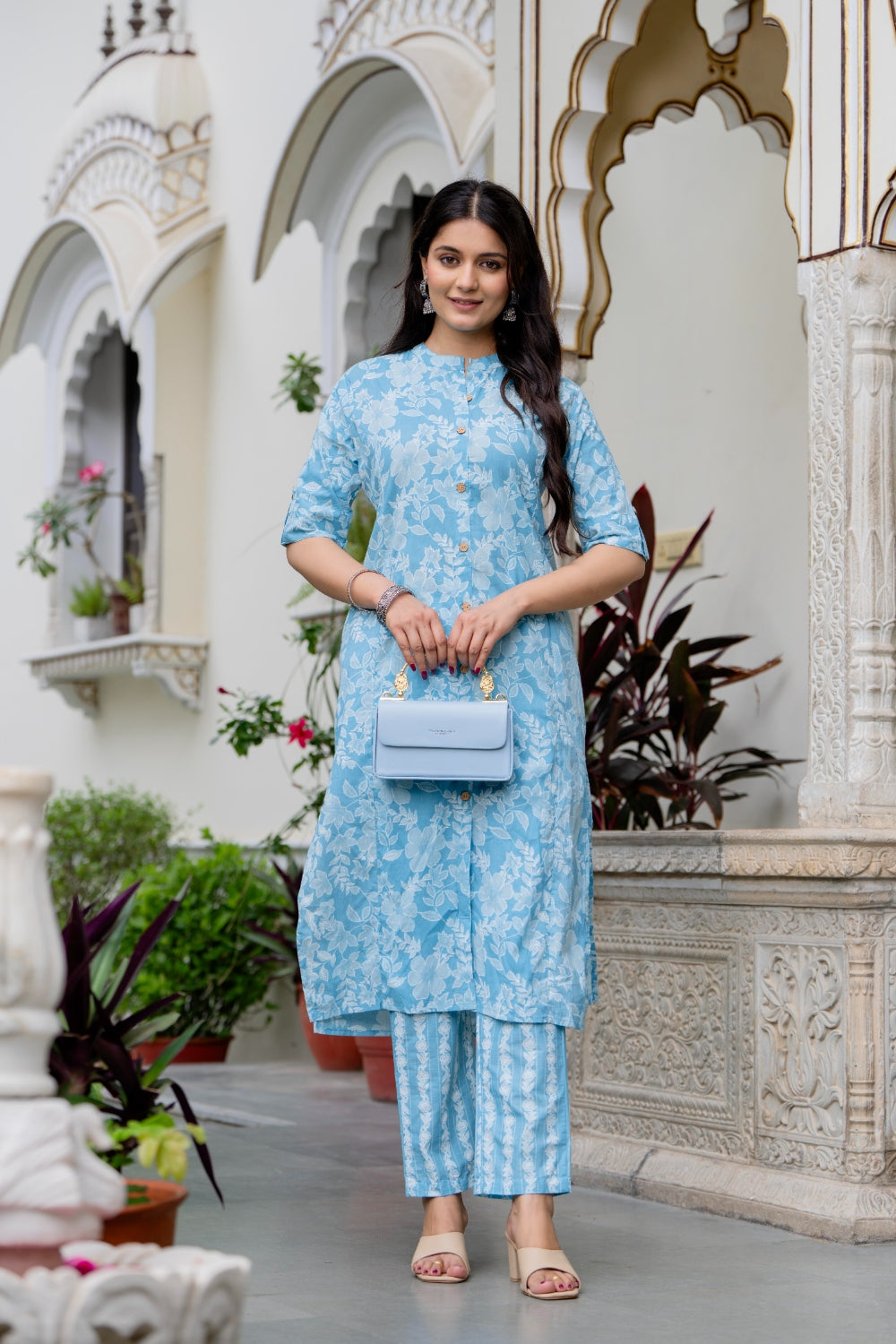 Light Blue Floral Cotton Kurta Set