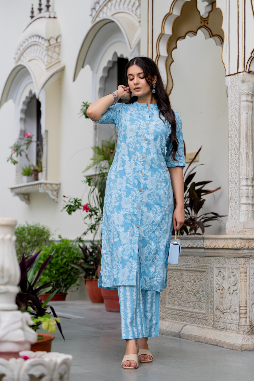 Light Blue Floral Cotton Kurta Set