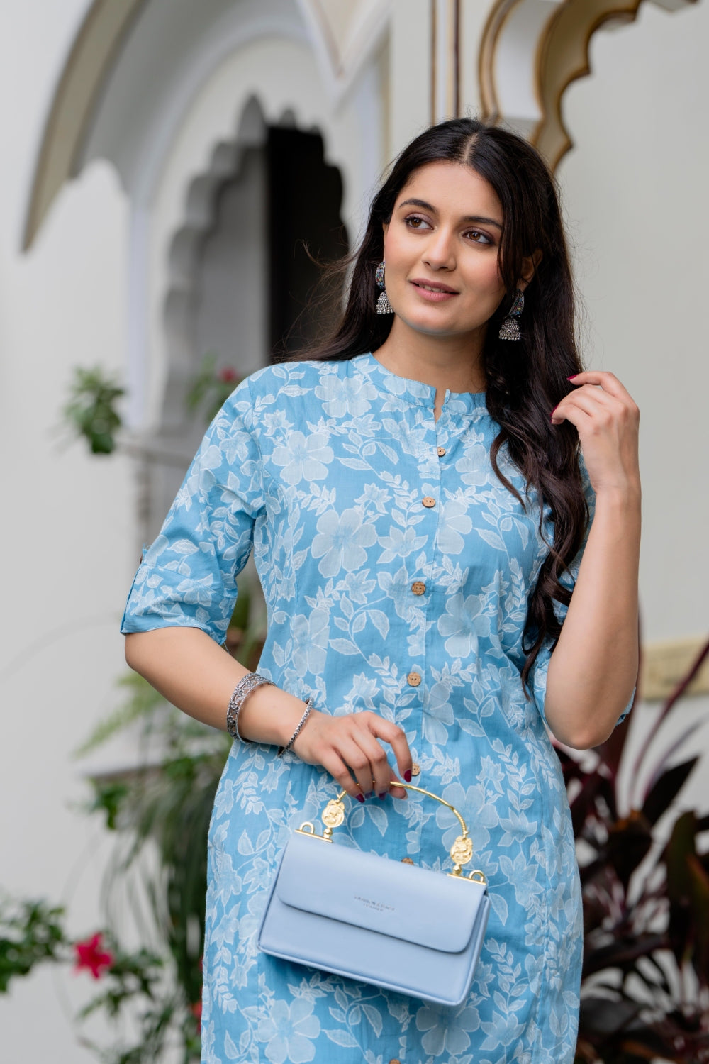 Light Blue Floral Cotton Kurta Set