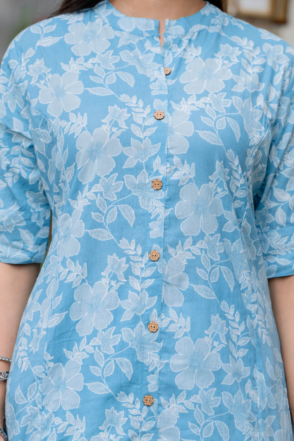 Light Blue Floral Cotton Kurta Set