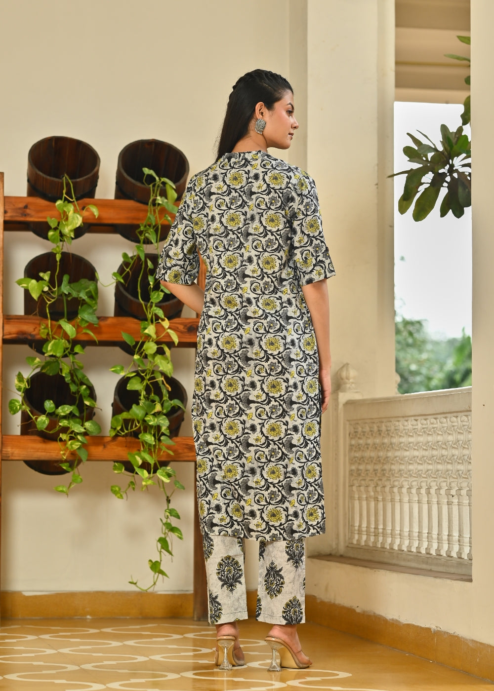 Grey Floral Cotton Kurta Set