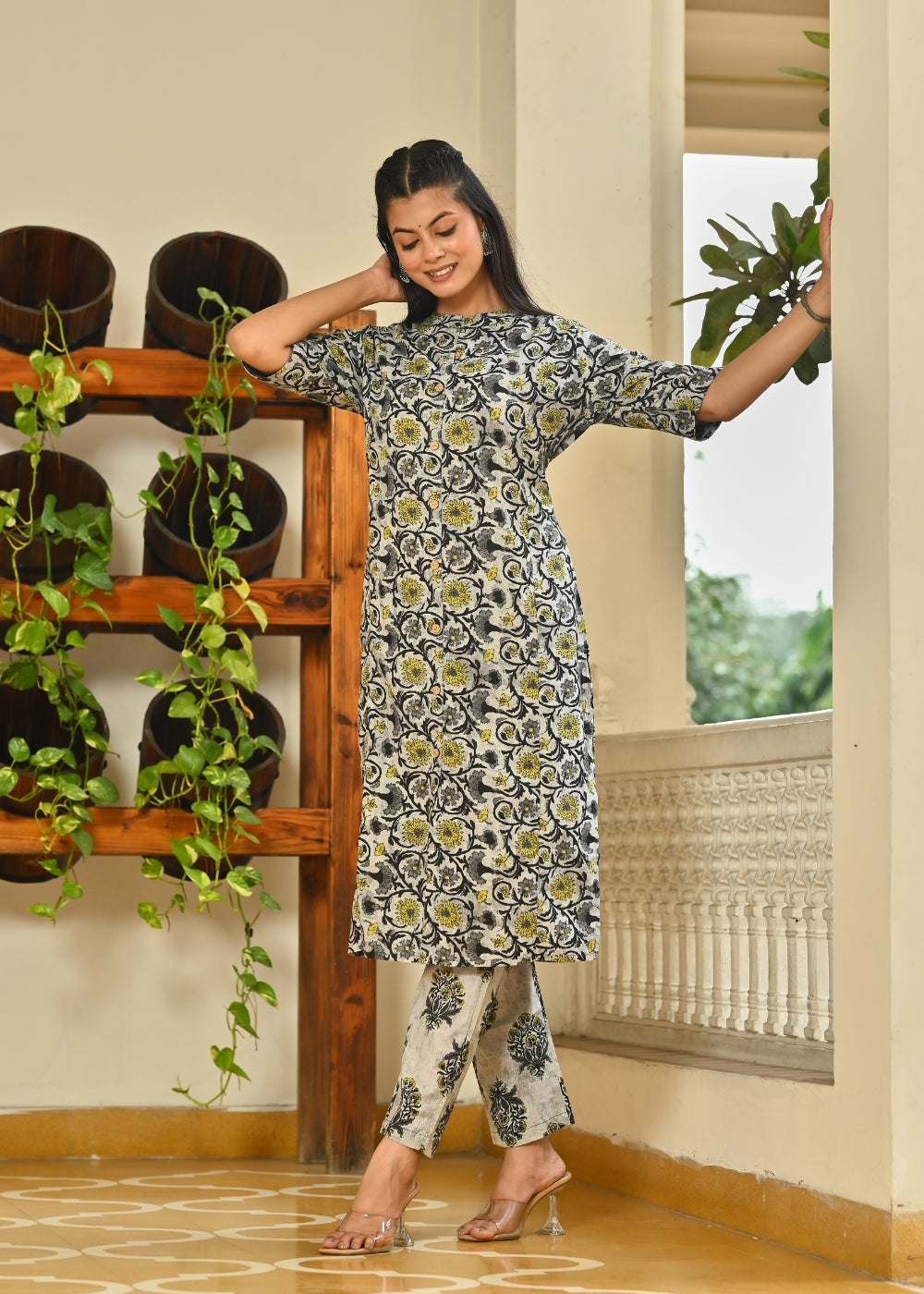 Grey Floral Cotton Kurta Set