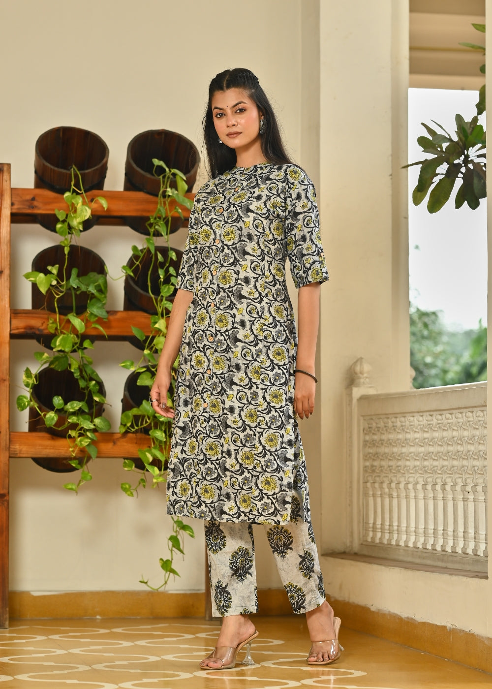 Grey Floral Cotton Kurta Set