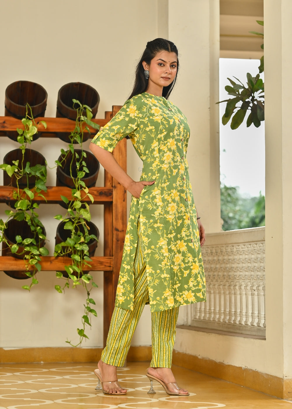 Green Floral Cotton Kurta Set