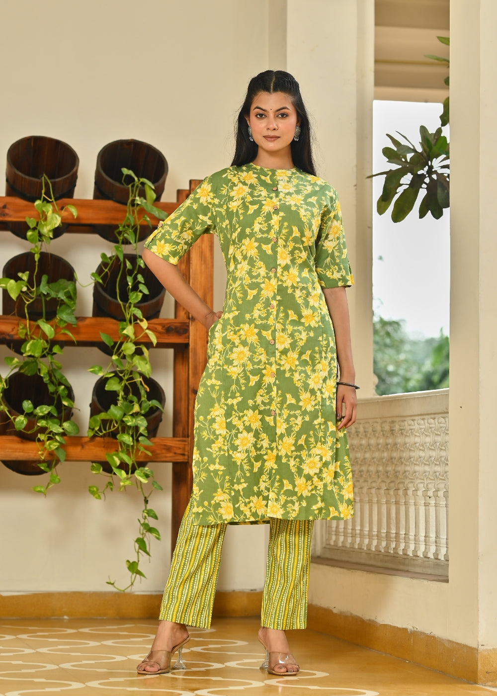 Green Floral Cotton Kurta Set
