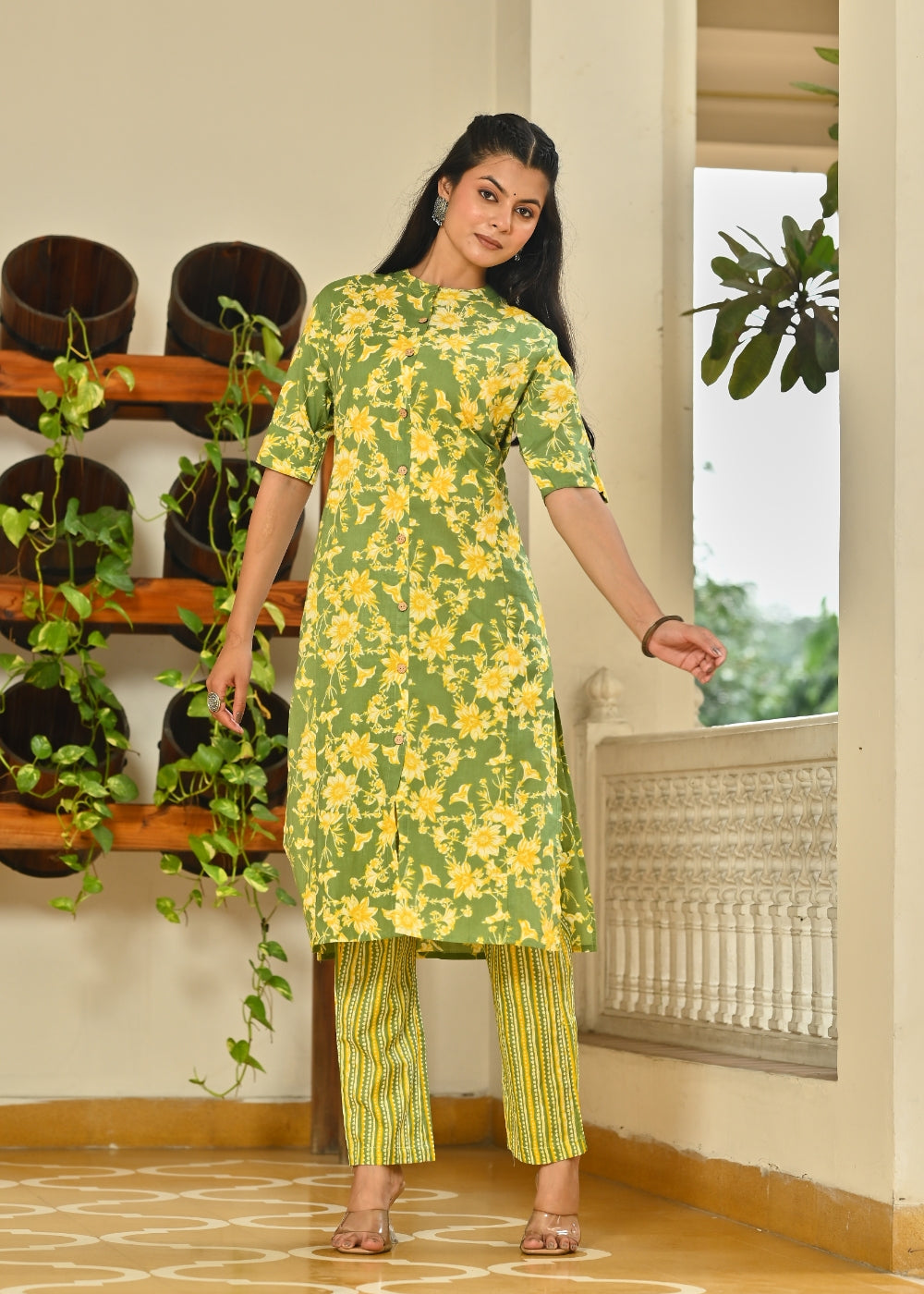 Green Floral Cotton Kurta Set