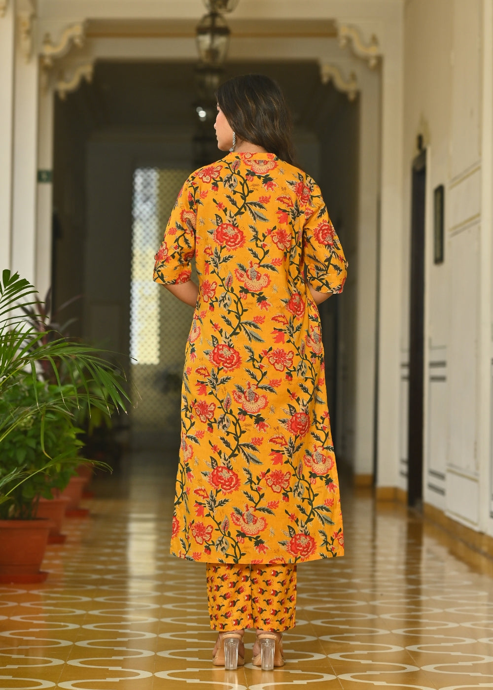 Mustard Floral Cotton Kurta Set