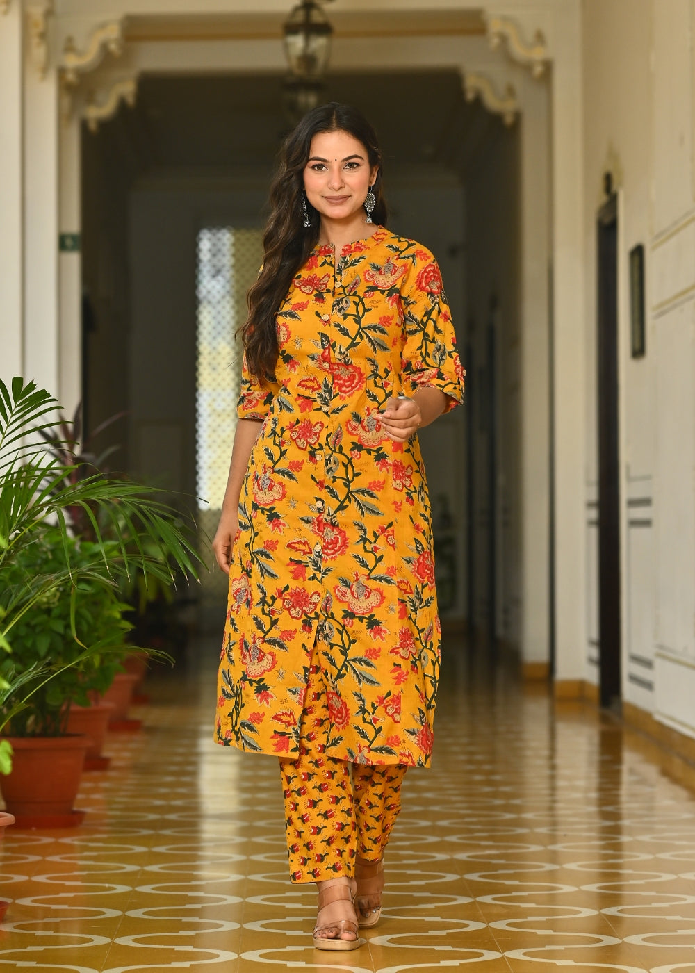 Mustard Floral Cotton Kurta Set