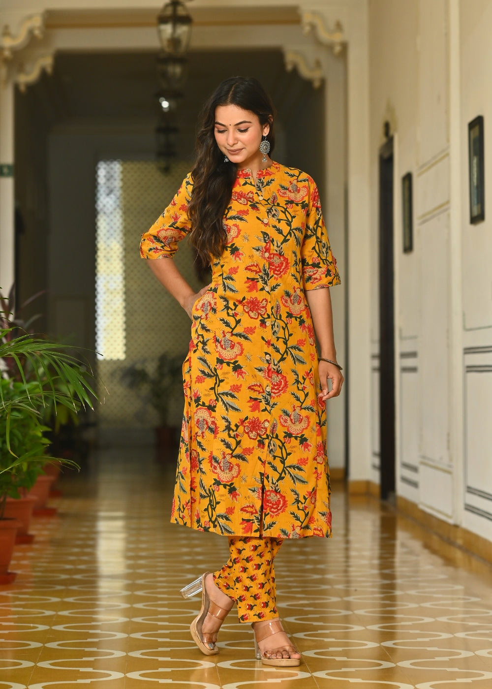 Mustard Floral Cotton Kurta Set