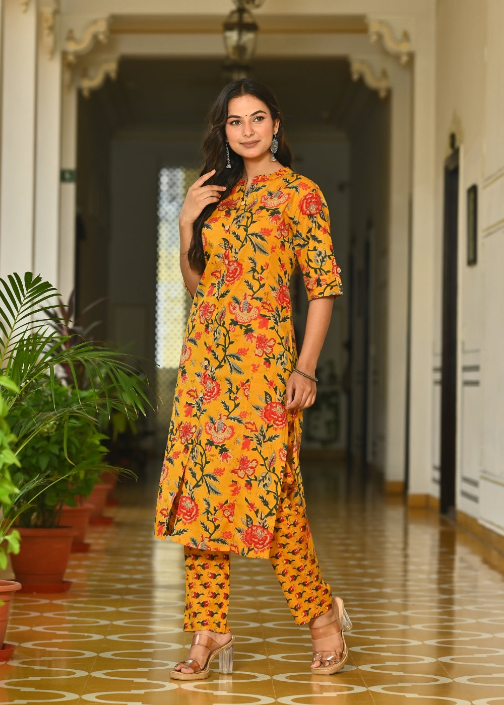 Mustard Floral Cotton Kurta Set