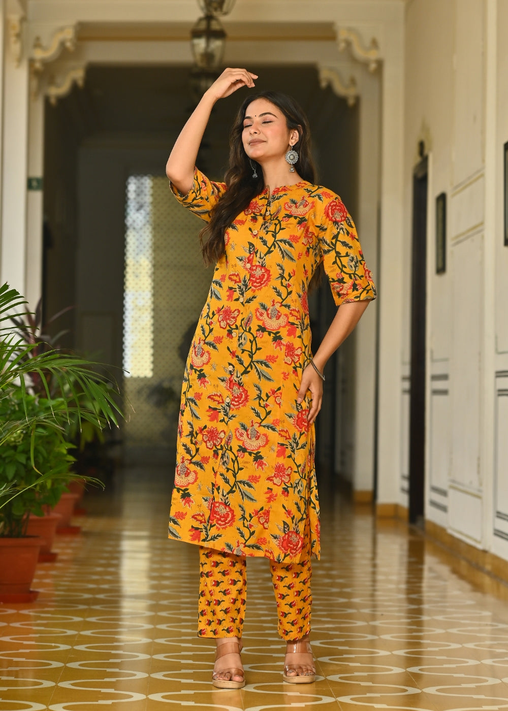 Mustard Floral Cotton Kurta Set