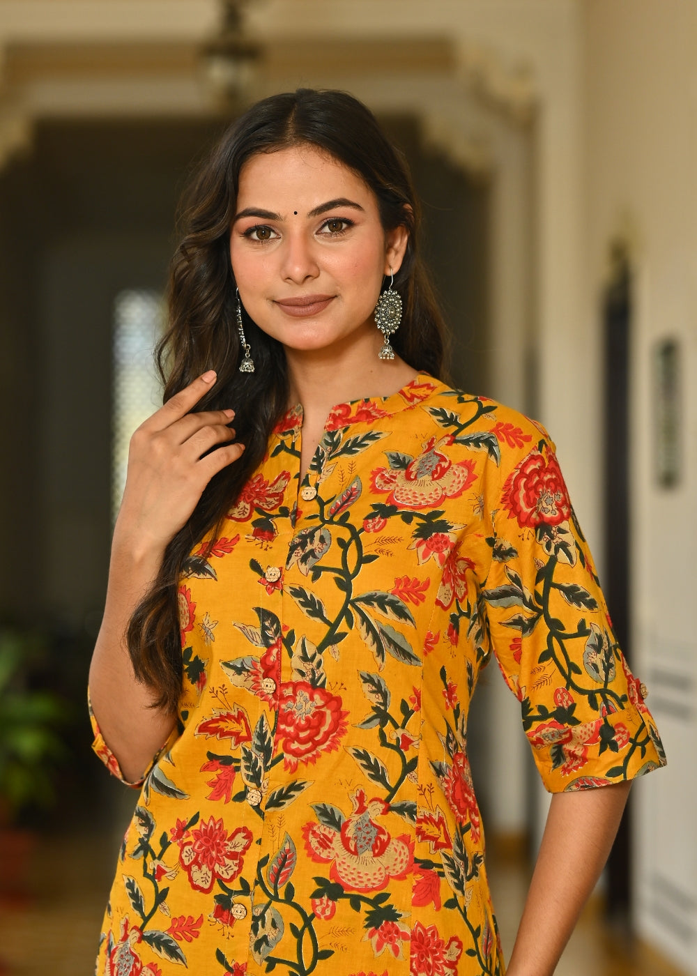 Mustard Floral Cotton Kurta Set