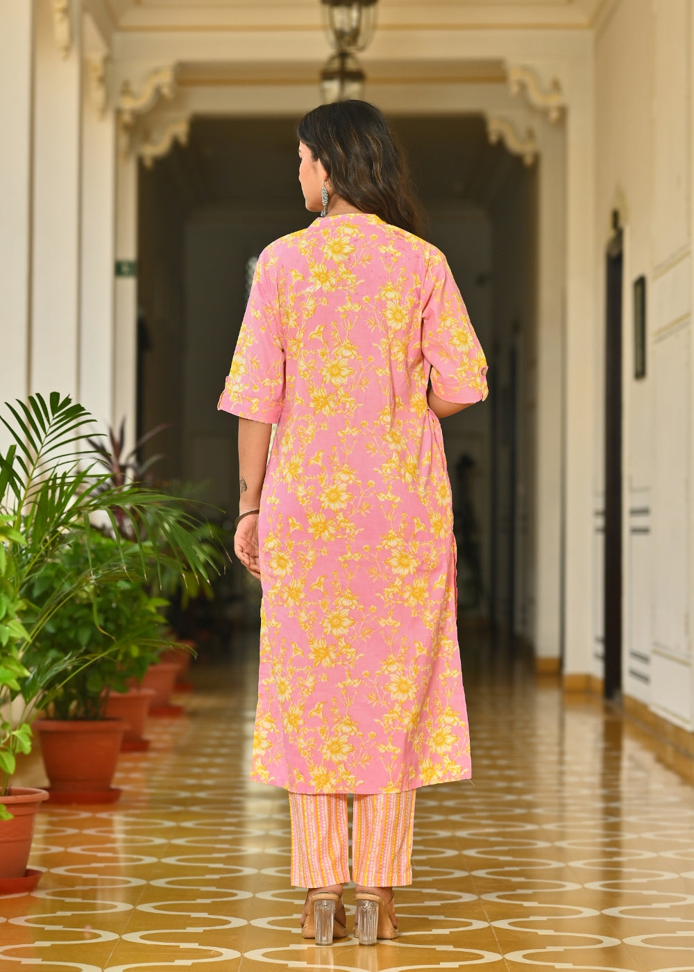 Pink Floral Printed Cotton Kurta Set