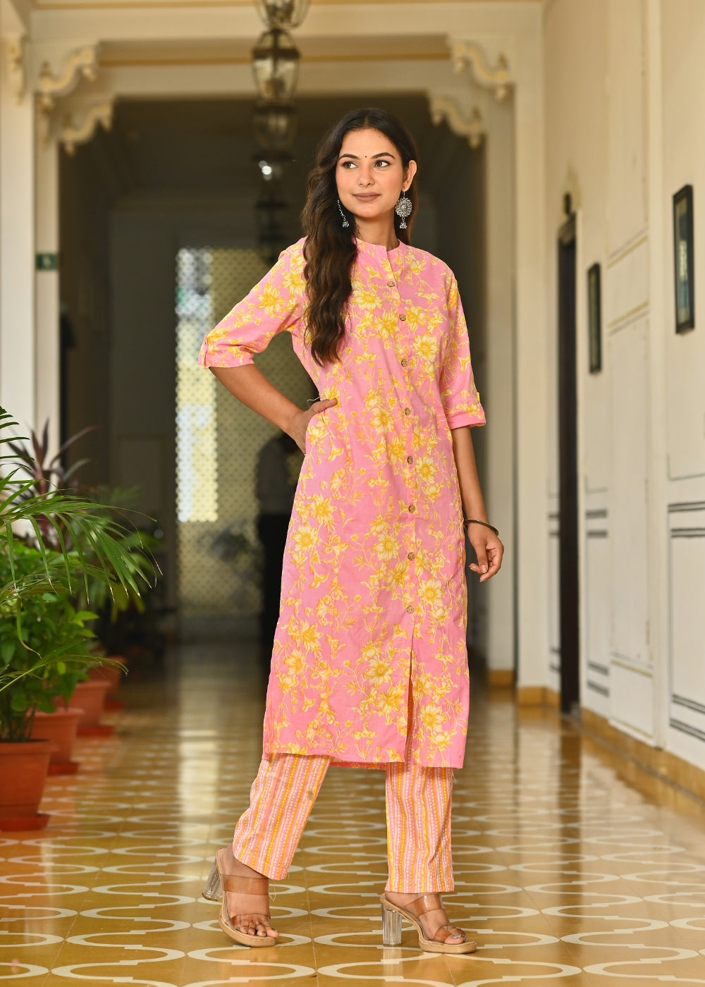 Pink Floral Printed Cotton Kurta Set