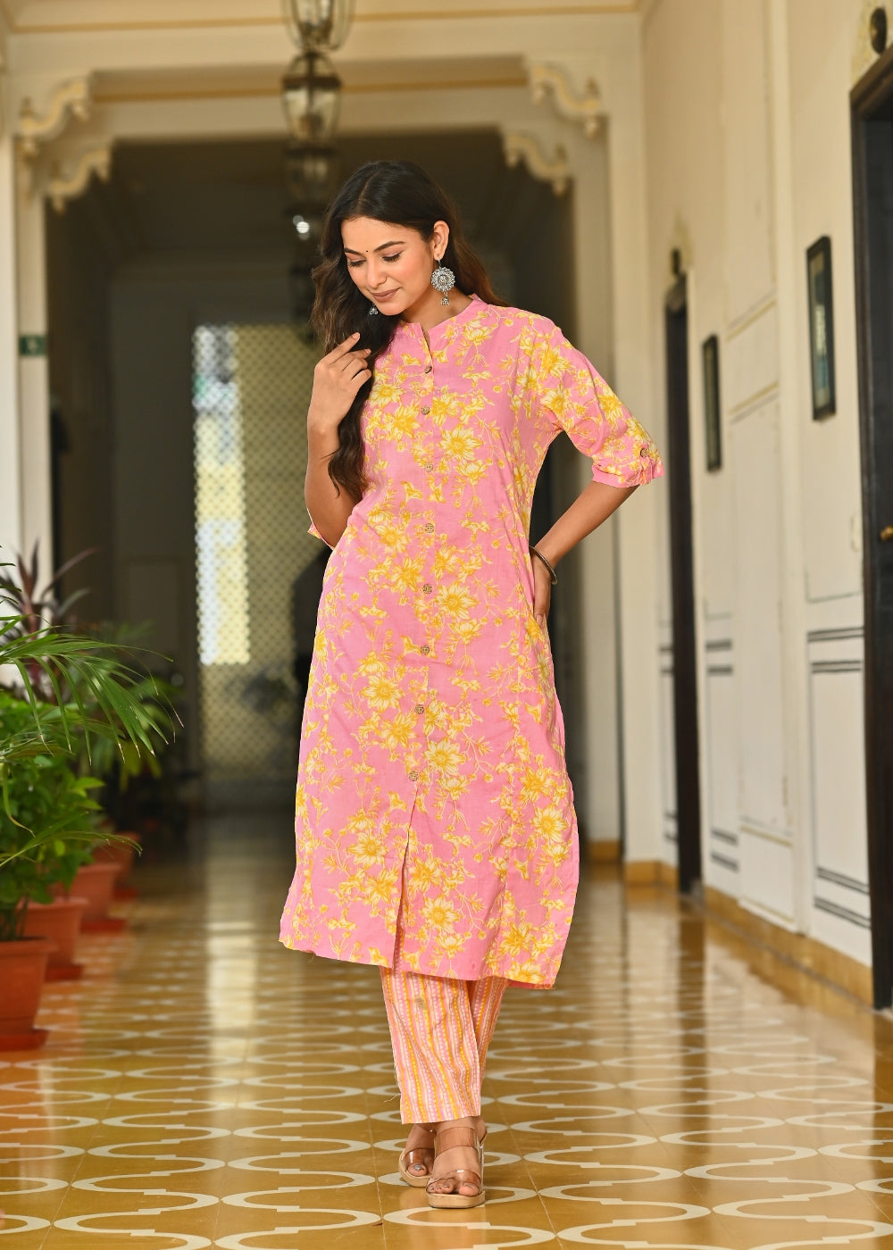 Pink Floral Printed Cotton Kurta Set