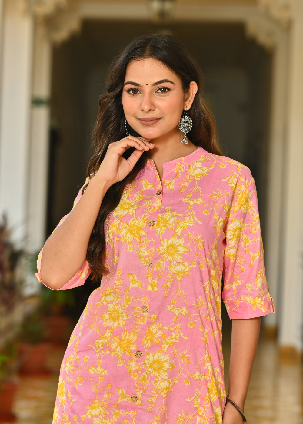 Pink Floral Printed Cotton Kurta Set