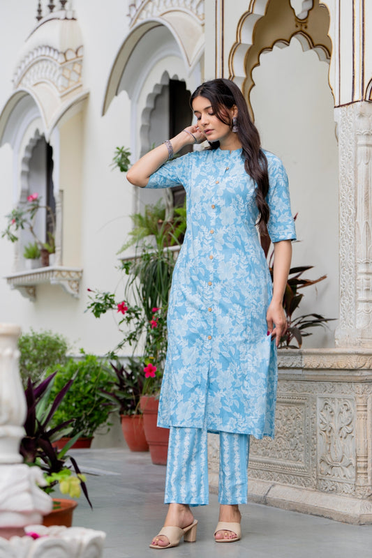 Light Blue Floral Cotton Kurta Set