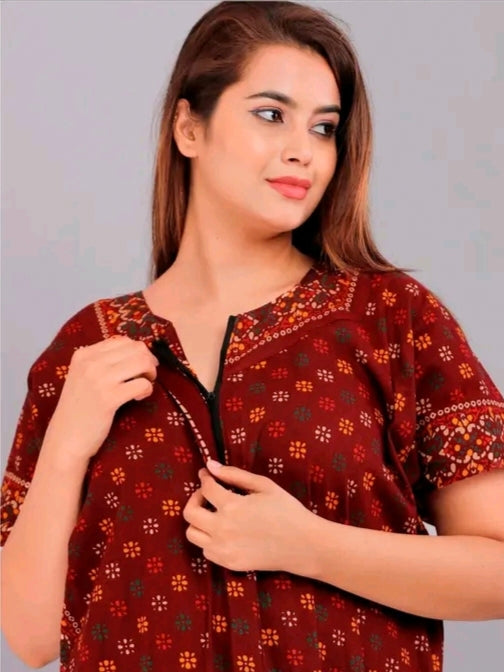 Soft Cotton Zipper Night Maxi Gown for Women