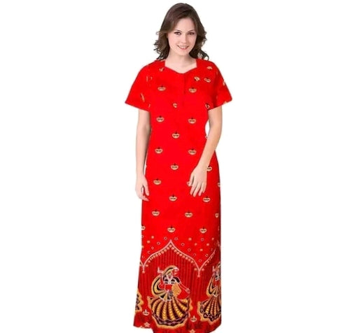 Red Printed Cotton Zipper Maxi Gown for Women