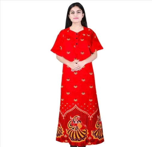 Red Printed Cotton Zipper Maxi Gown for Women