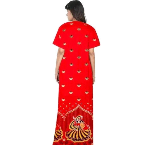 Red Printed Cotton Zipper Maxi Gown for Women