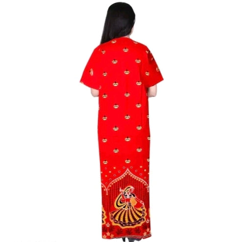 Red Printed Cotton Zipper Maxi Gown for Women