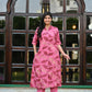 Pink Rayon Kurta Set with Gold Leaf Print & Solid Pants