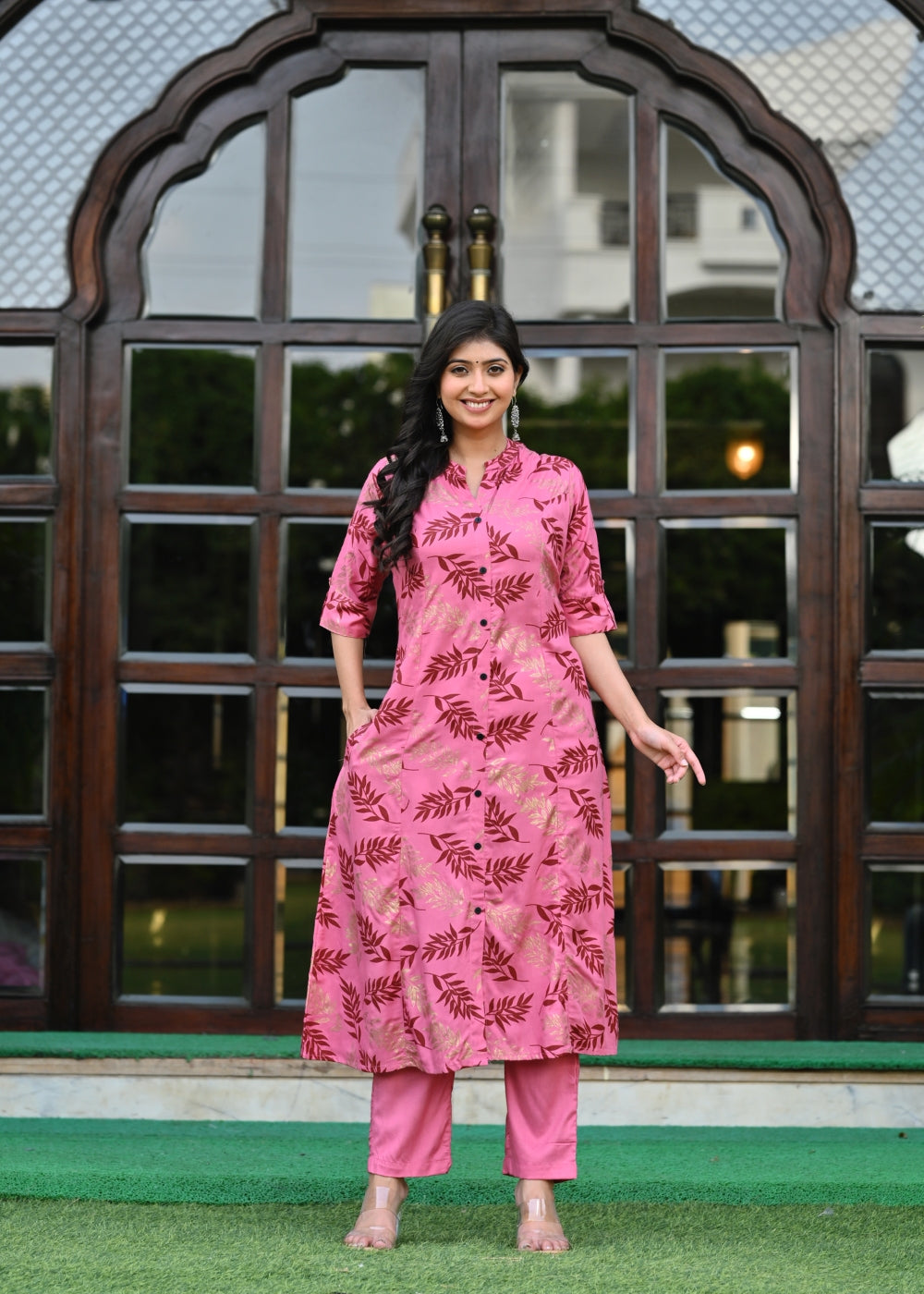 Pink Rayon Kurta Set with Gold Leaf Print & Solid Pants