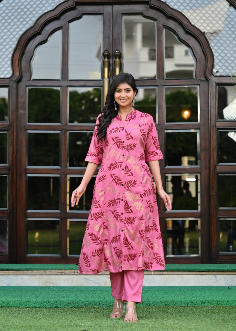 Pink Rayon Kurta Set with Gold Leaf Print & Solid Pants