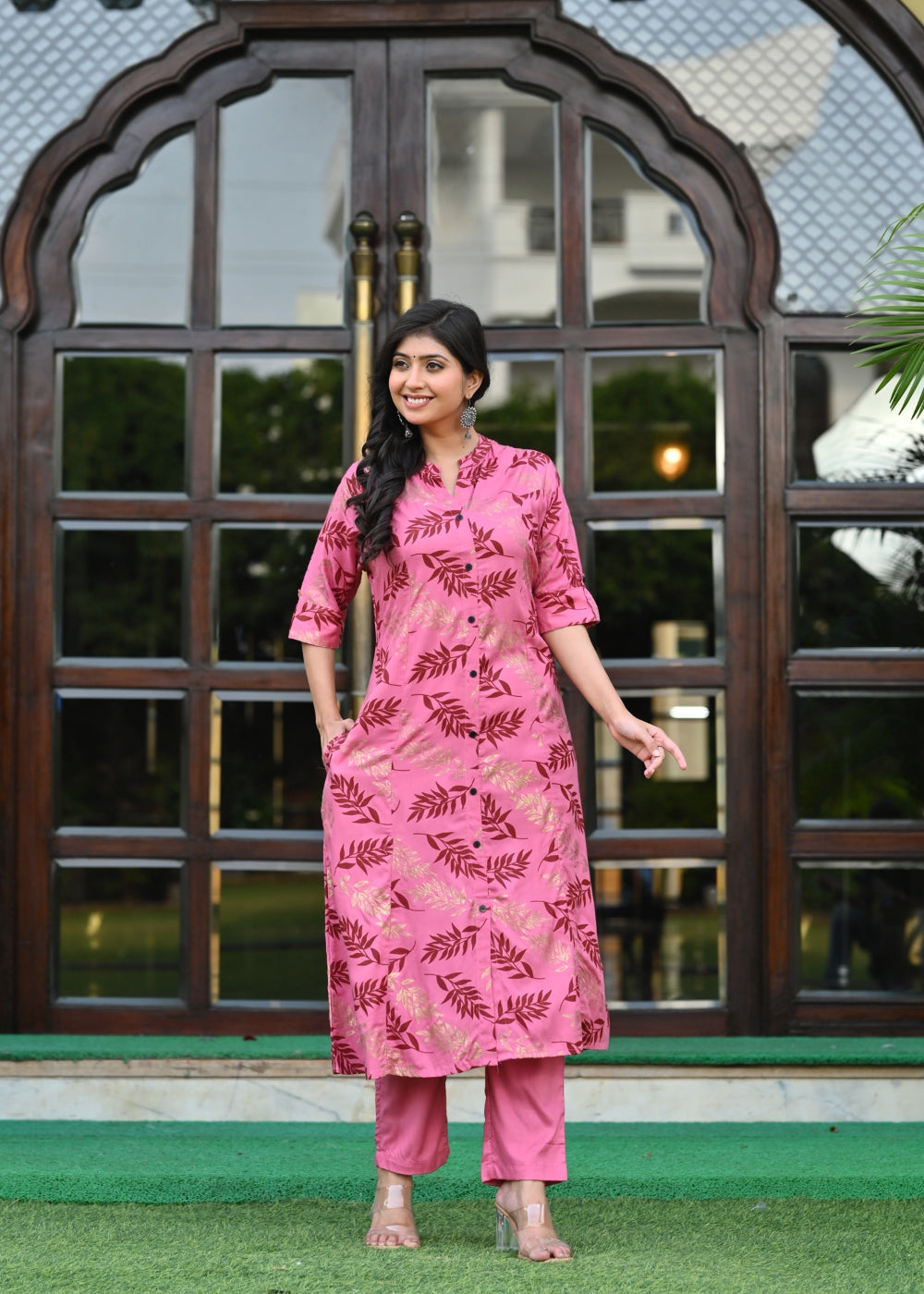 Pink Rayon Kurta Set with Gold Leaf Print & Solid Pants