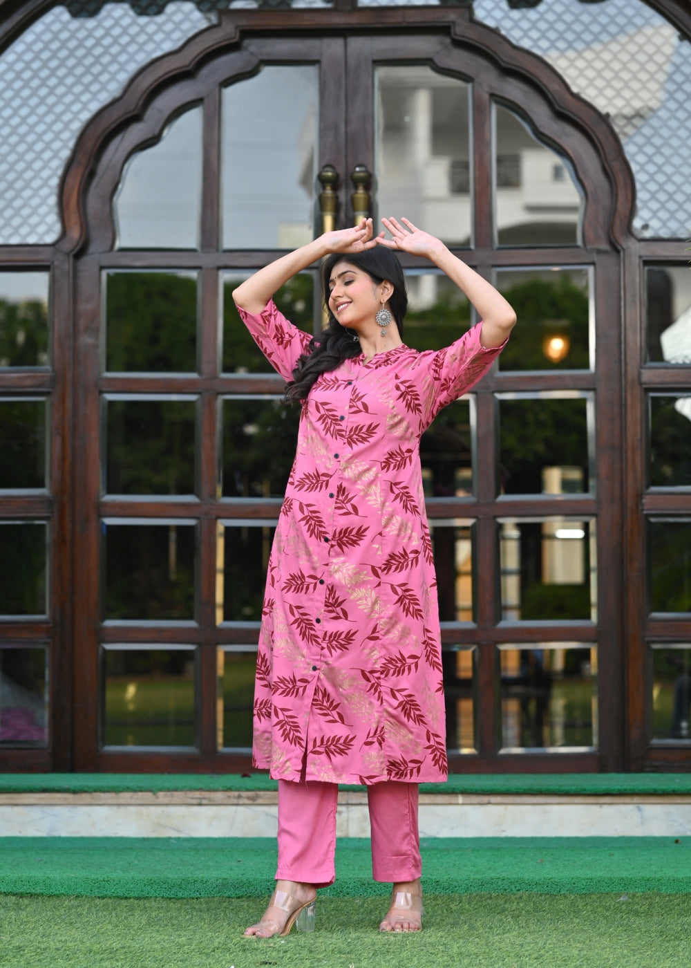 Pink Rayon Kurta Set with Gold Leaf Print & Solid Pants