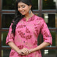Pink Rayon Kurta Set with Gold Leaf Print & Solid Pants