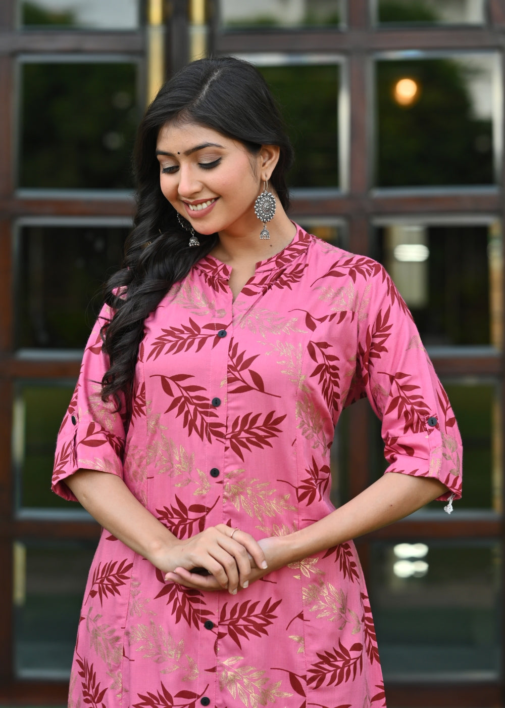 Pink Rayon Kurta Set with Gold Leaf Print & Solid Pants