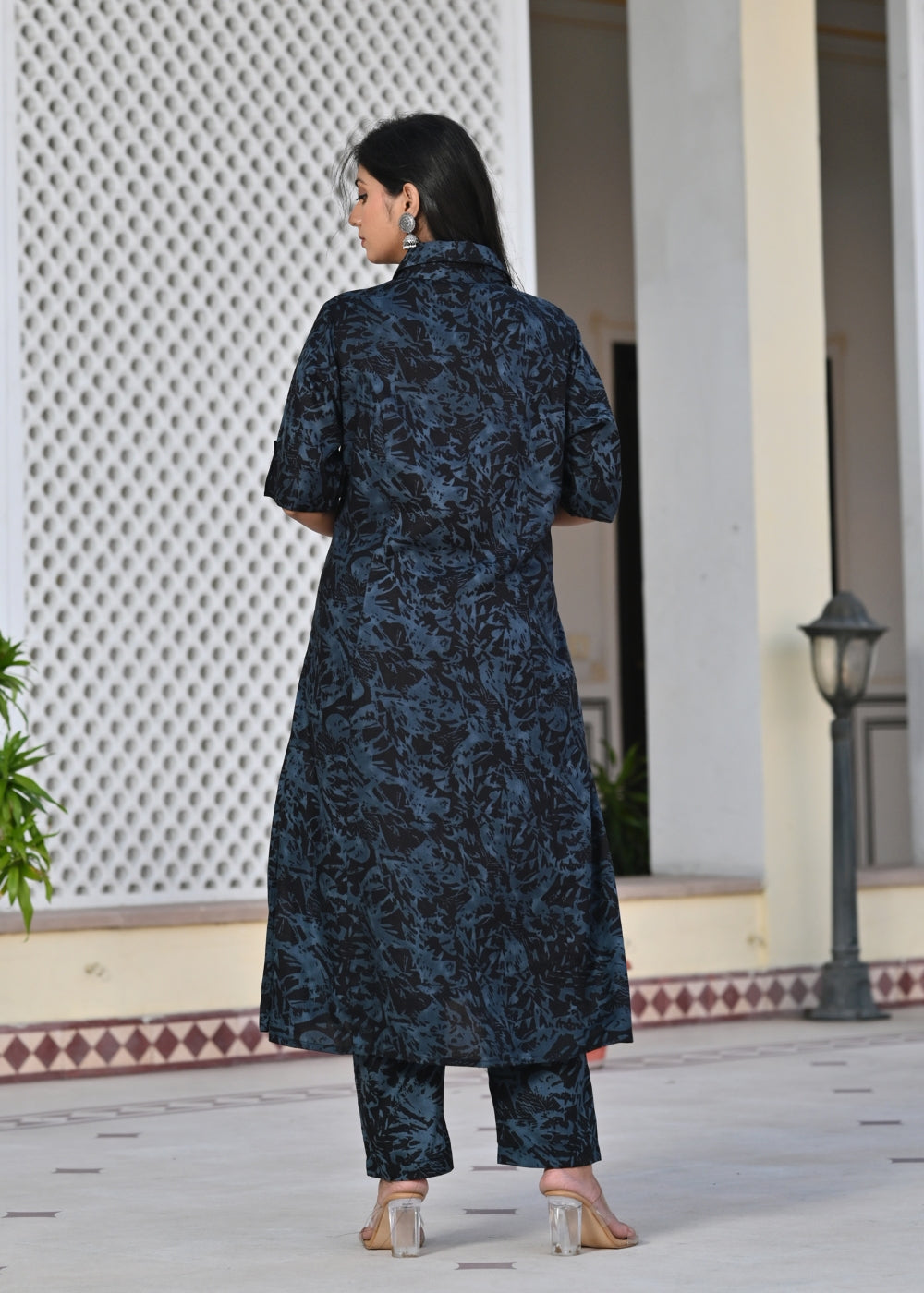 Black & Blue Printed Rayon Kurta Set with Pants