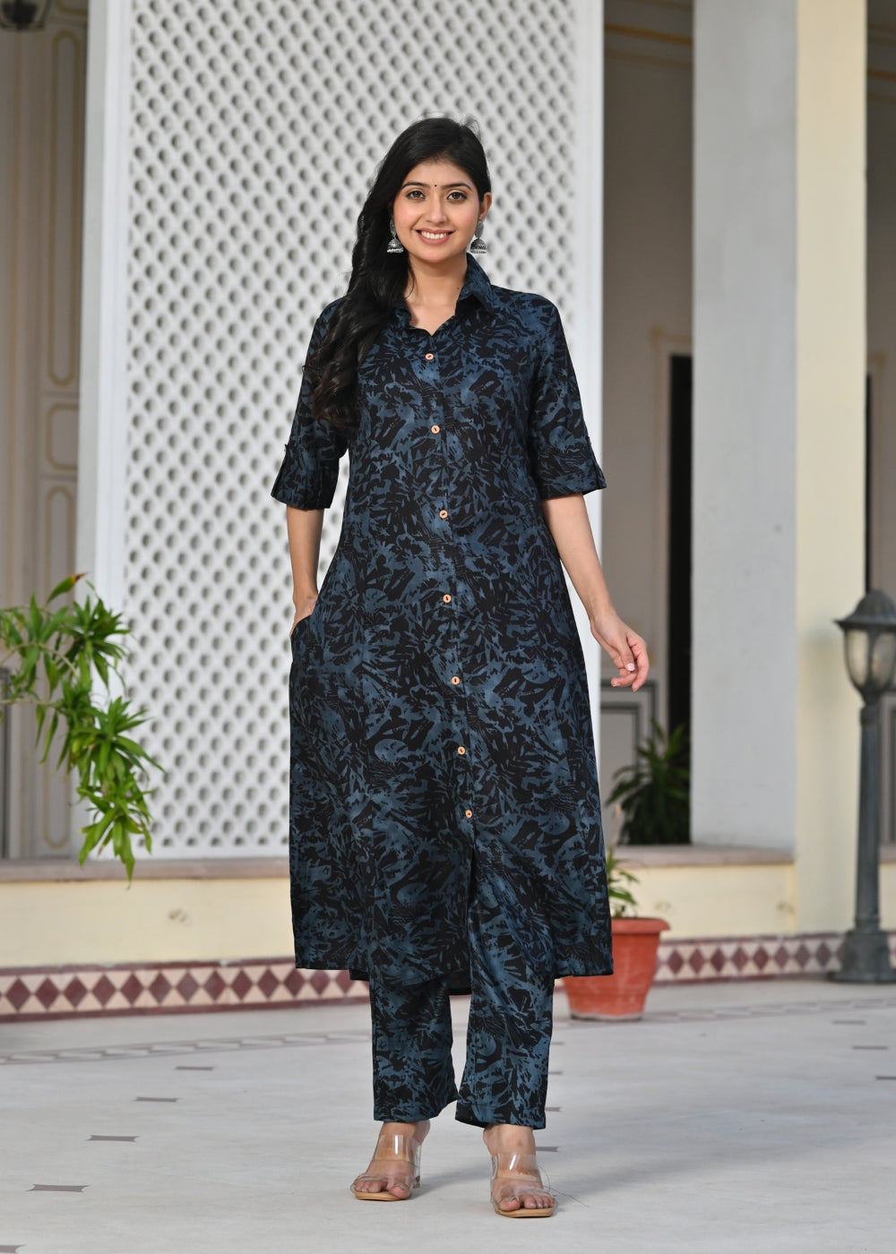 Black & Blue Printed Rayon Kurta Set with Pants