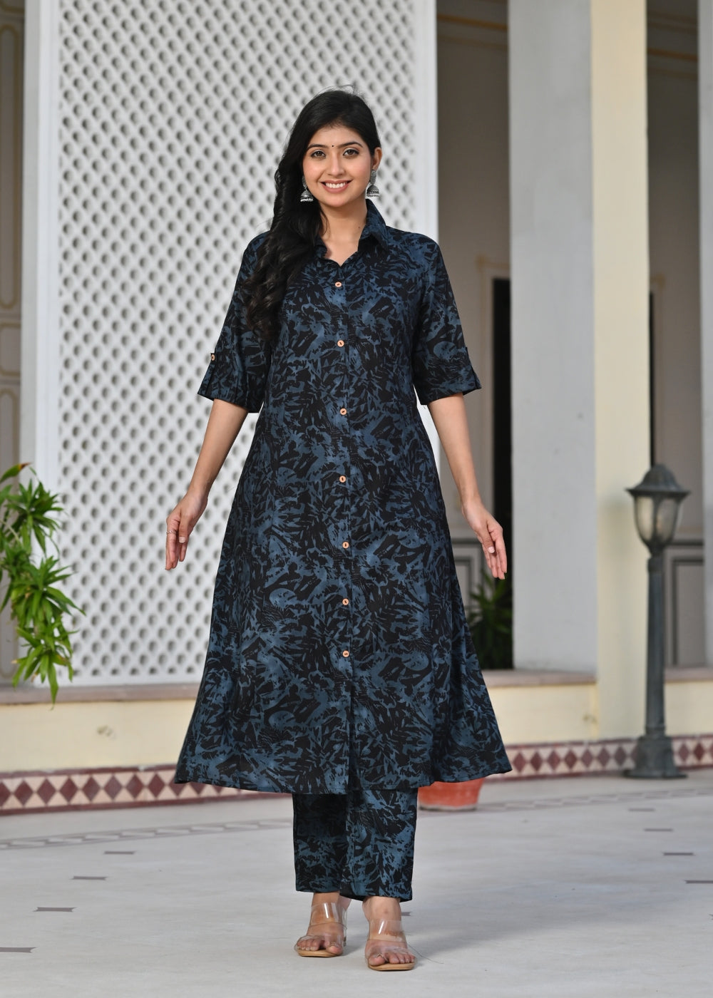 Black & Blue Printed Rayon Kurta Set with Pants