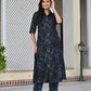 Black & Blue Printed Rayon Kurta Set with Pants