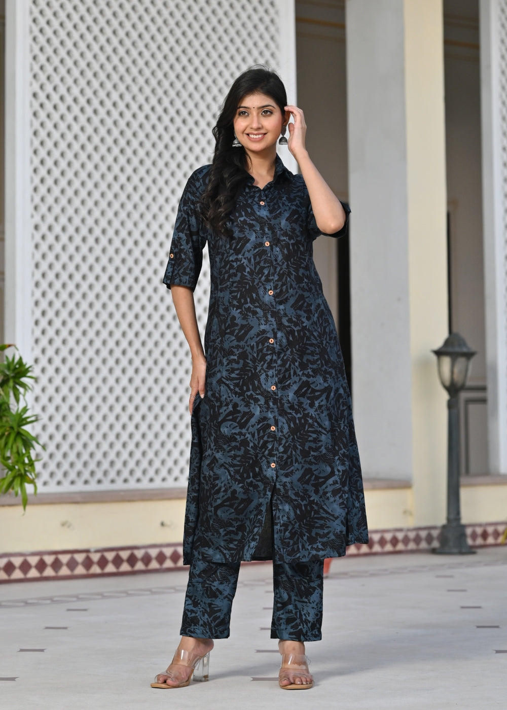 Black & Blue Printed Rayon Kurta Set with Pants