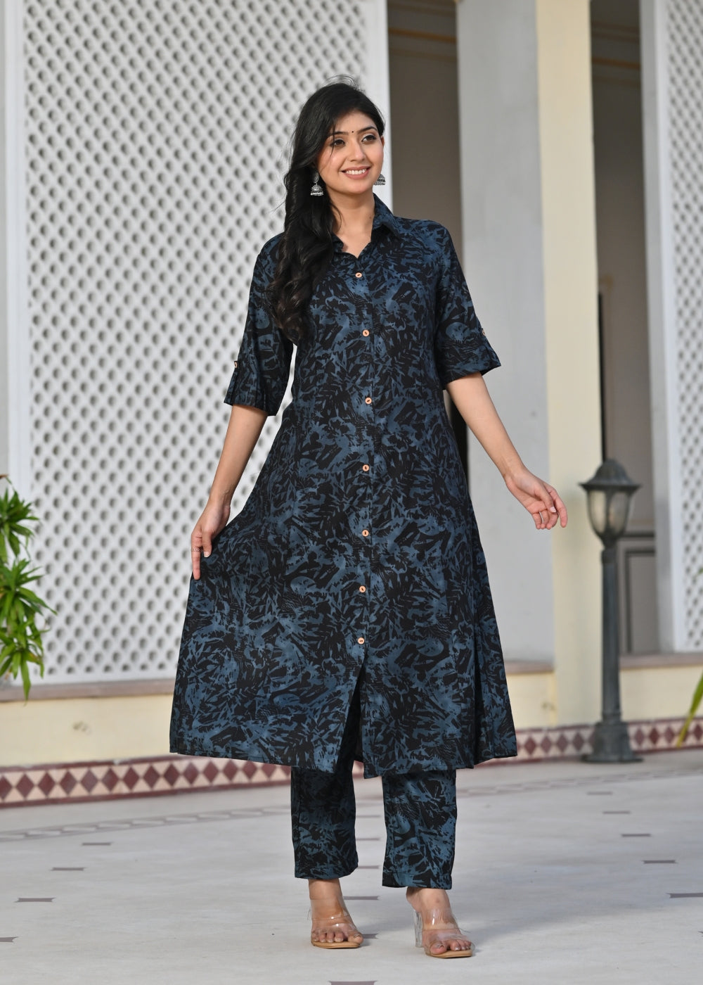 Black & Blue Printed Rayon Kurta Set with Pants