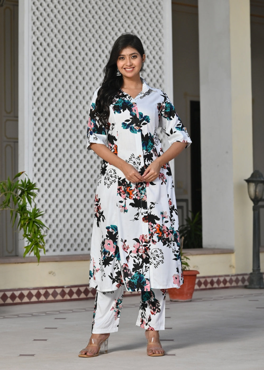 White Multicolor Floral Rayon Kurta Set with Pants