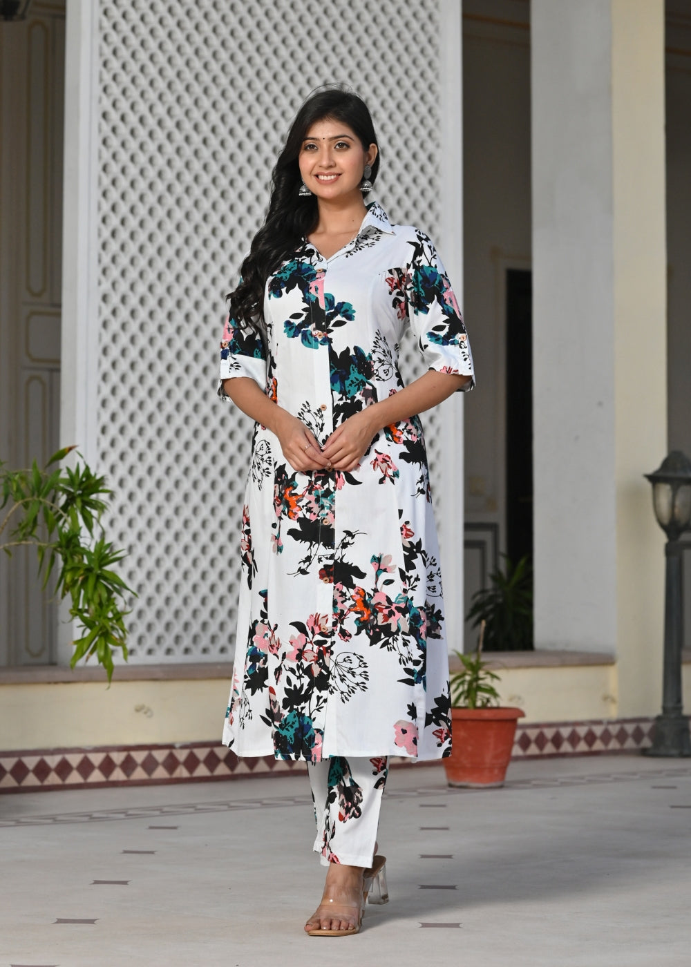 White Multicolor Floral Rayon Kurta Set with Pants