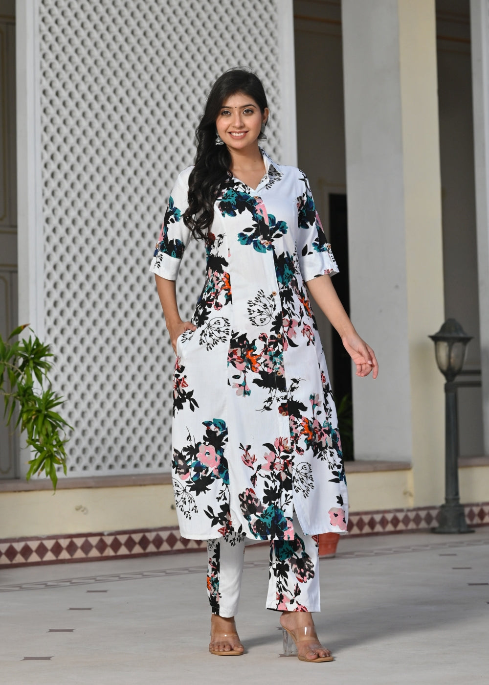 White Multicolor Floral Rayon Kurta Set with Pants
