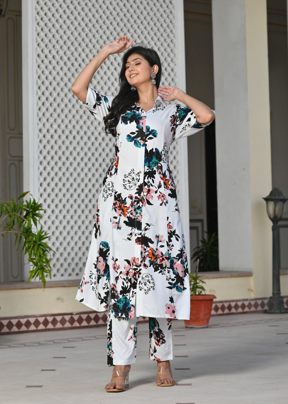 White Multicolor Floral Rayon Kurta Set with Pants