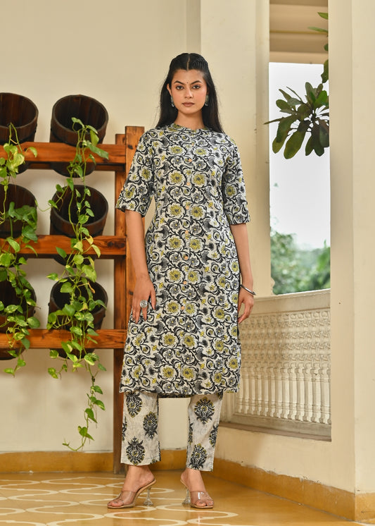 Grey Floral Cotton Kurta Set