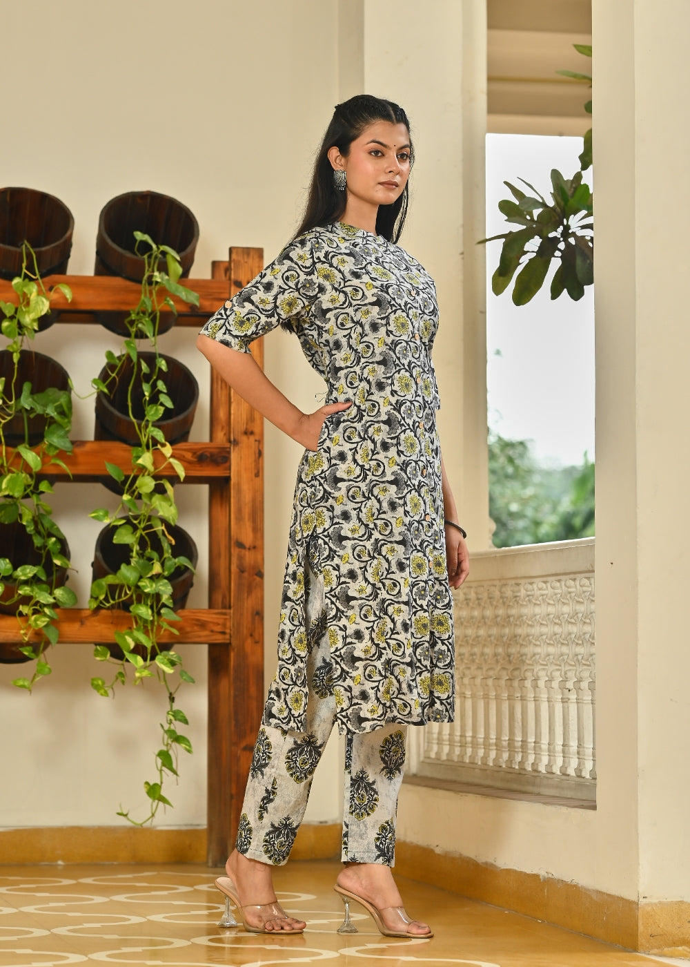 Grey Floral Cotton Kurta Set