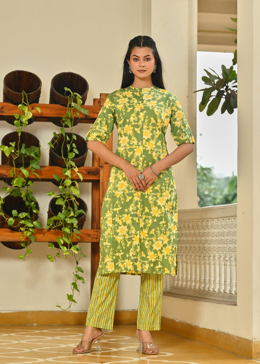 Green Floral Cotton Kurta Set