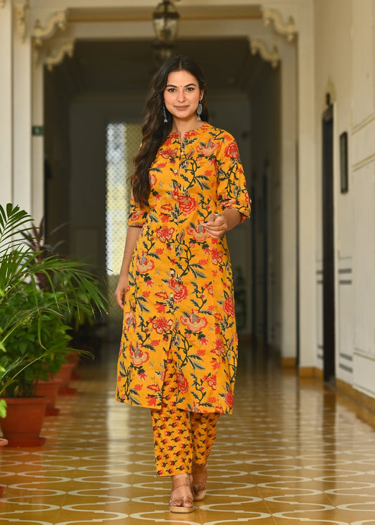 Mustard Floral Cotton Kurta Set