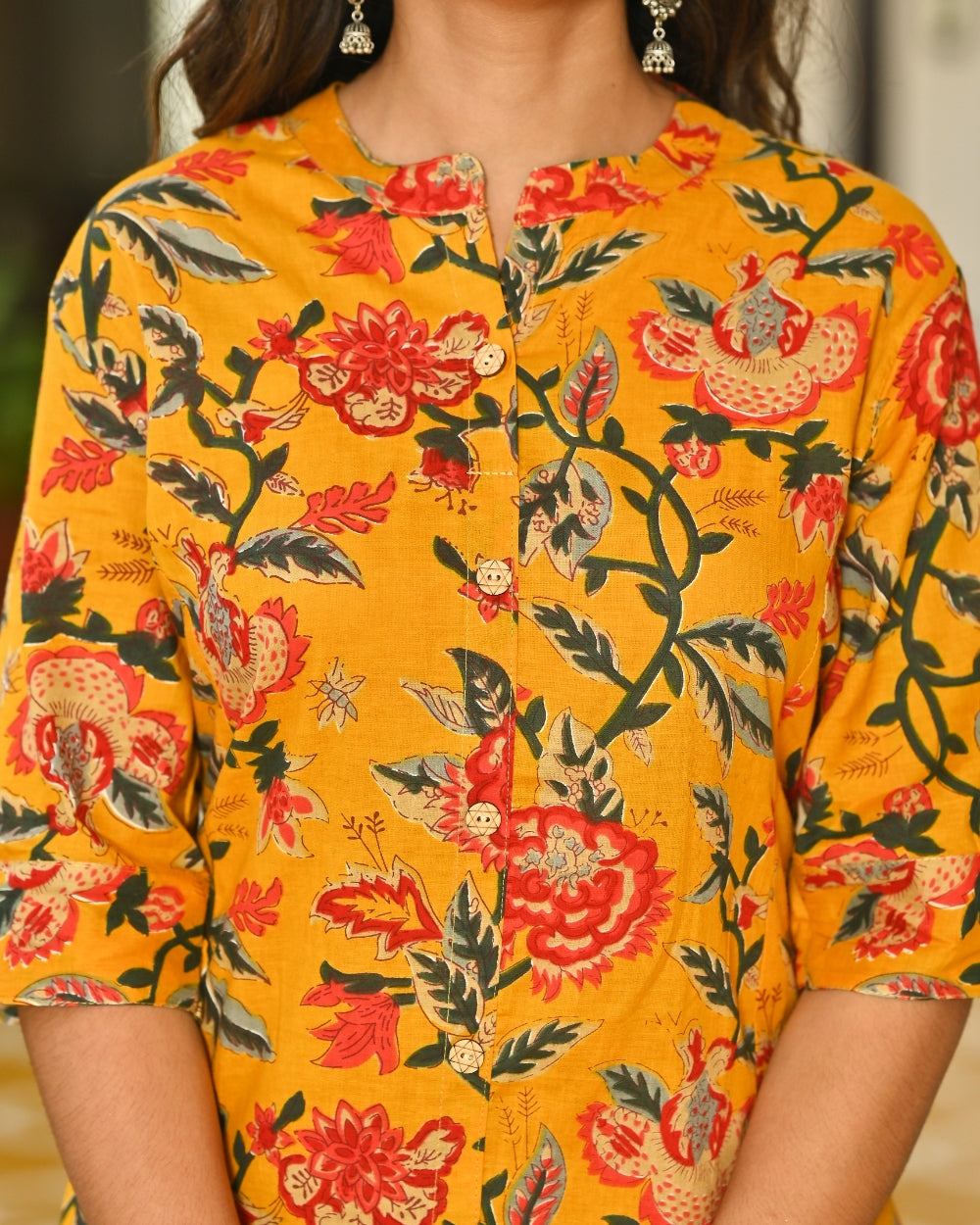 Mustard Floral Cotton Kurta Set